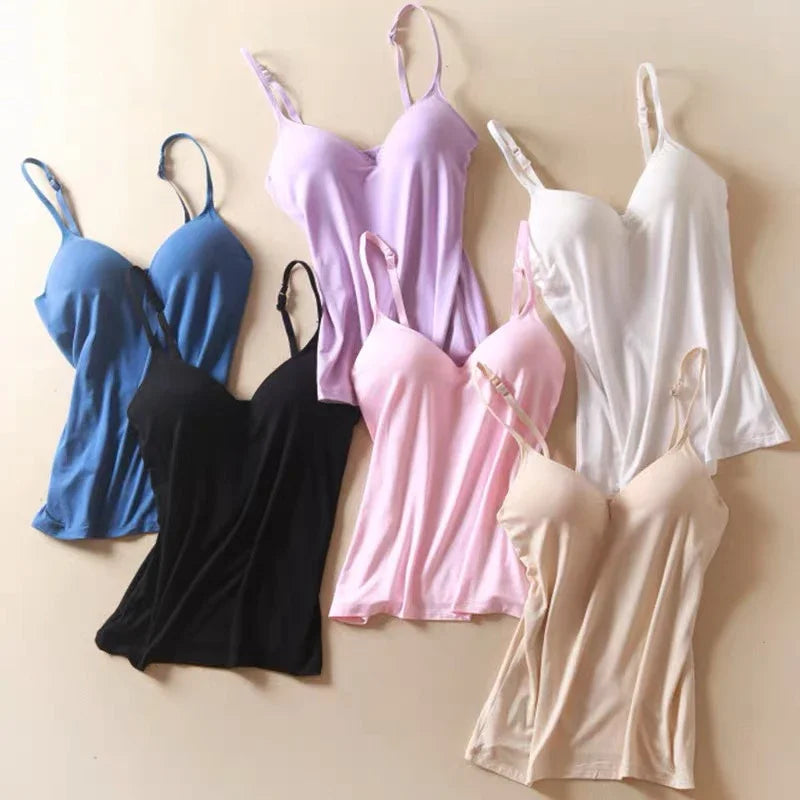 Women's Modal Cami Tank Top with Built-In Padded Bra Padded Cami Tank Top Qme