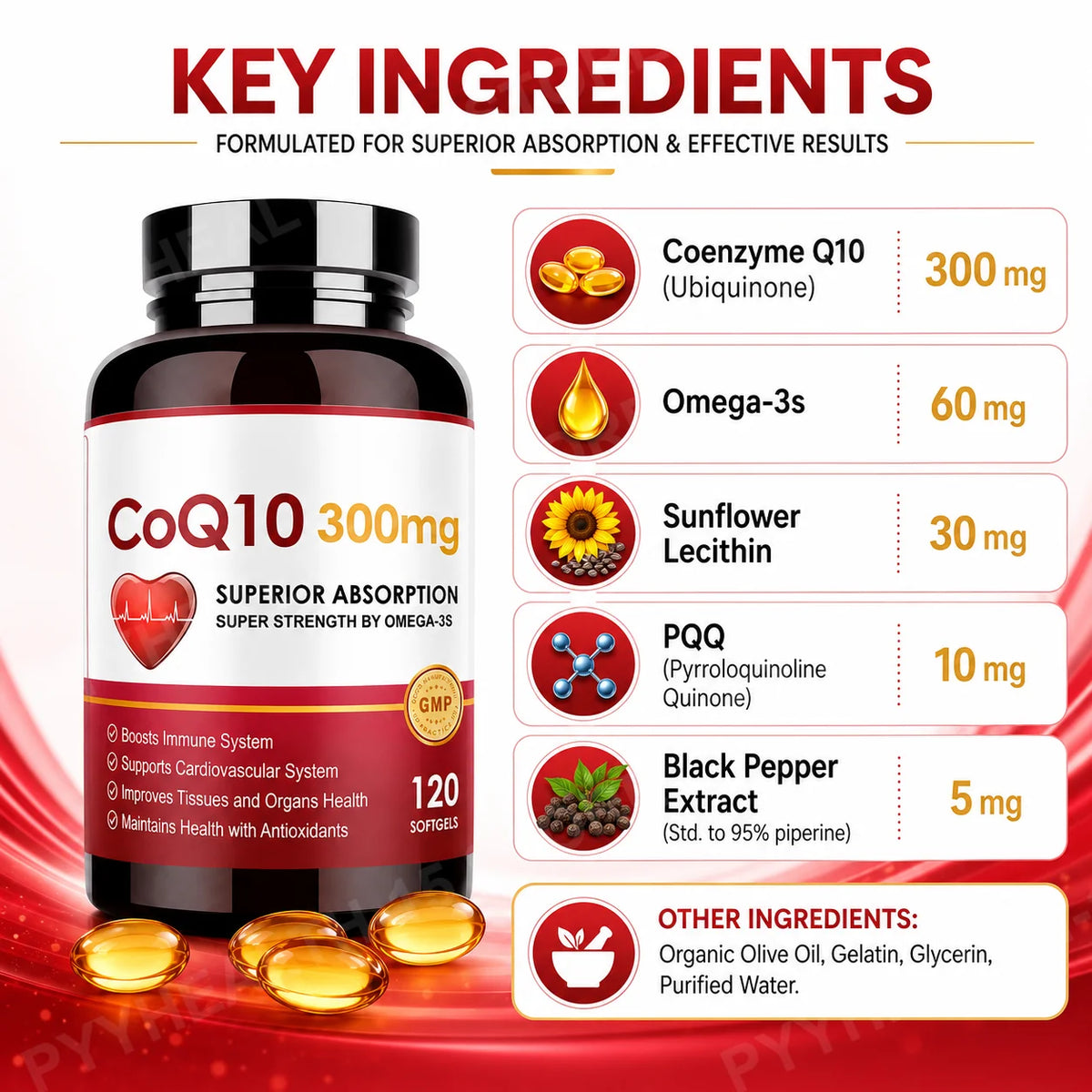 CoQ10 300mg Softgels with PQQ, Omega-3 & Black Pepper 120ct Antioxidant Softgels Qst