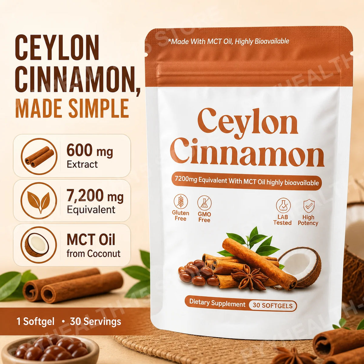 Ceylon Cinnamon Softgels 7200mg – 12:1 Extract + MCT Oil Herbal Supplement Qst