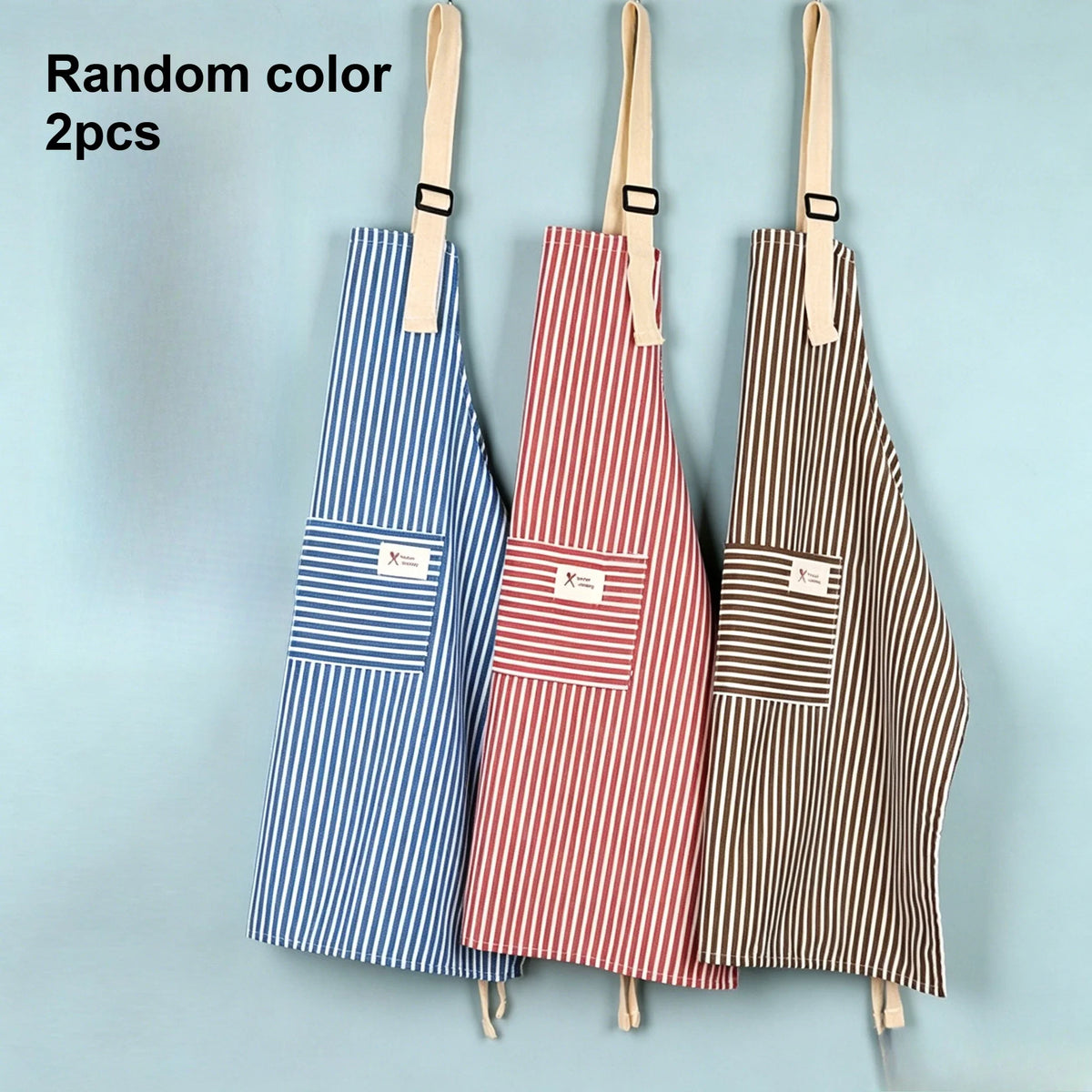 Striped Linen Kitchen Apron – Adjustable Strap & Pocket Kitchen Apron Qme Random color 2pcs
