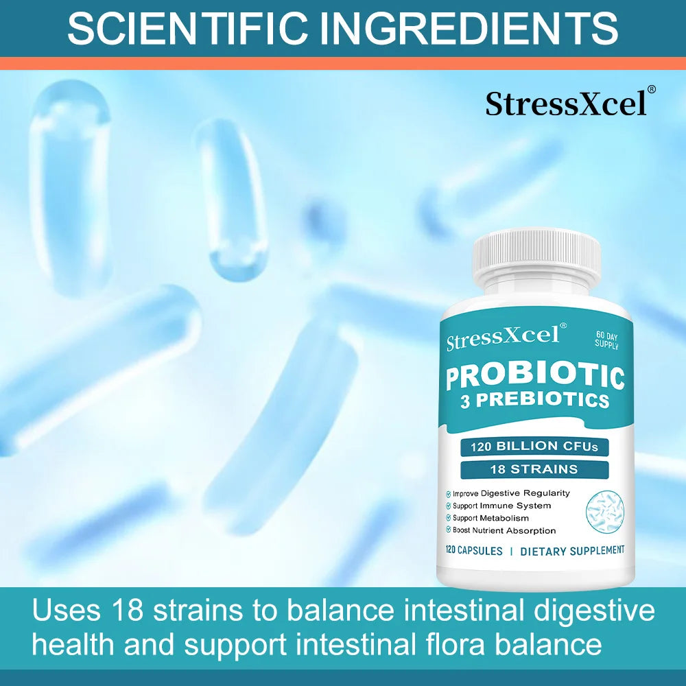 STRESSXCEL Probiotics & Prebiotics Capsules | Gut & Immune Support Probiotic Supplement Qst