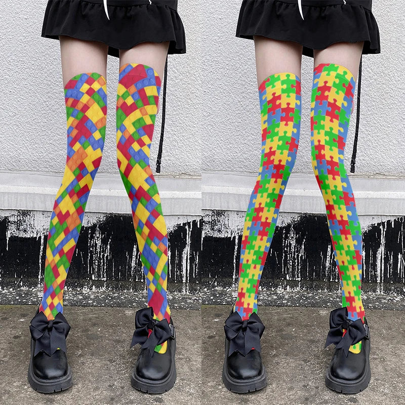 Harajuku Puzzle Plaid Knee Socks | Kawaii Novelty Stockings Novelty Knee Socks Qme