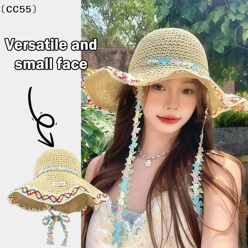 Korean Floral Bow Straw Hat – Women's Wide Brim Beach Sun Hat Straw Sun Hat Qst