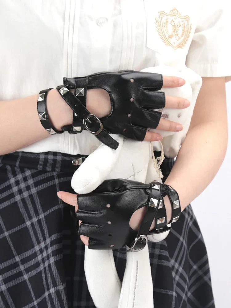 Women's Black Fingerless Gloves | Rivet Buckle Punk Style Fingerless Fashion Gloves Qme black