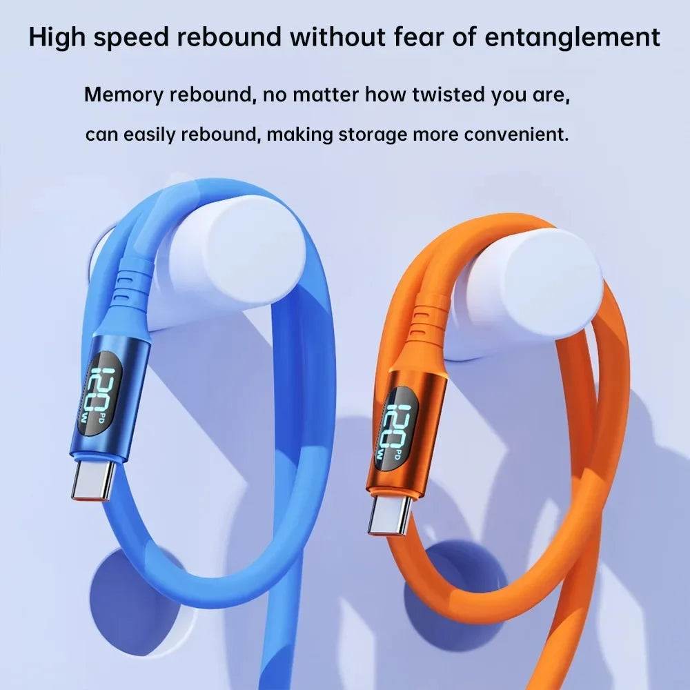 USB-C 120W Fast Charging Cable with LED Digital Display USB-C Charging Cable Qme