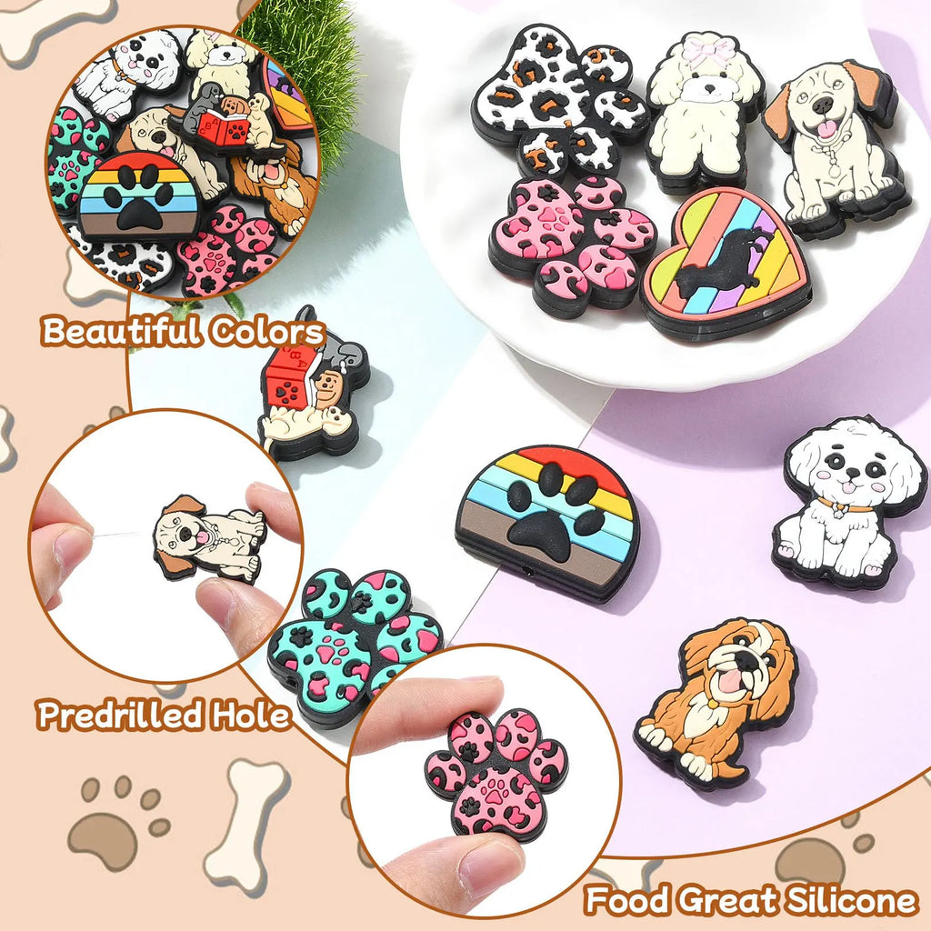 PandaHall Dog Silicone Focal Beads 12pcs – Puppy Paw Craft Beads Silicone Craft Beads Qme
