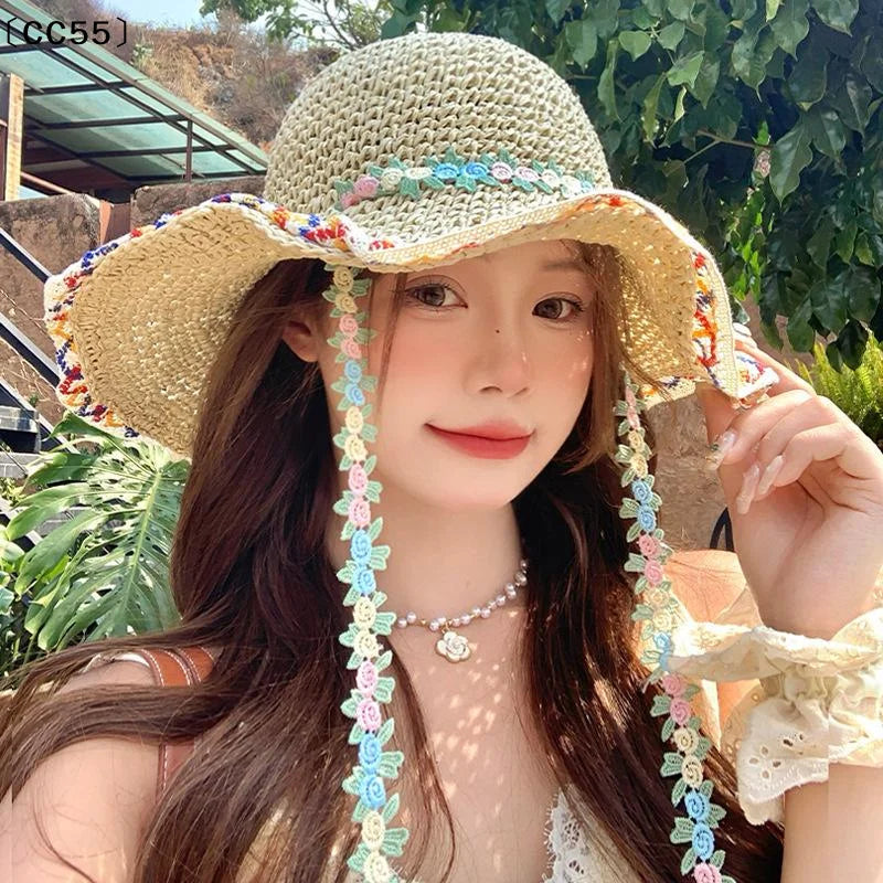 Korean Floral Bow Straw Hat – Women's Wide Brim Beach Sun Hat Straw Sun Hat Qst