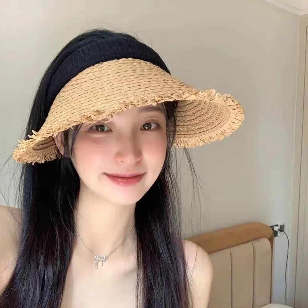Woven Straw Visor Cap – Hollow Sun Hat for Big Heads Straw Visor Hat Qme