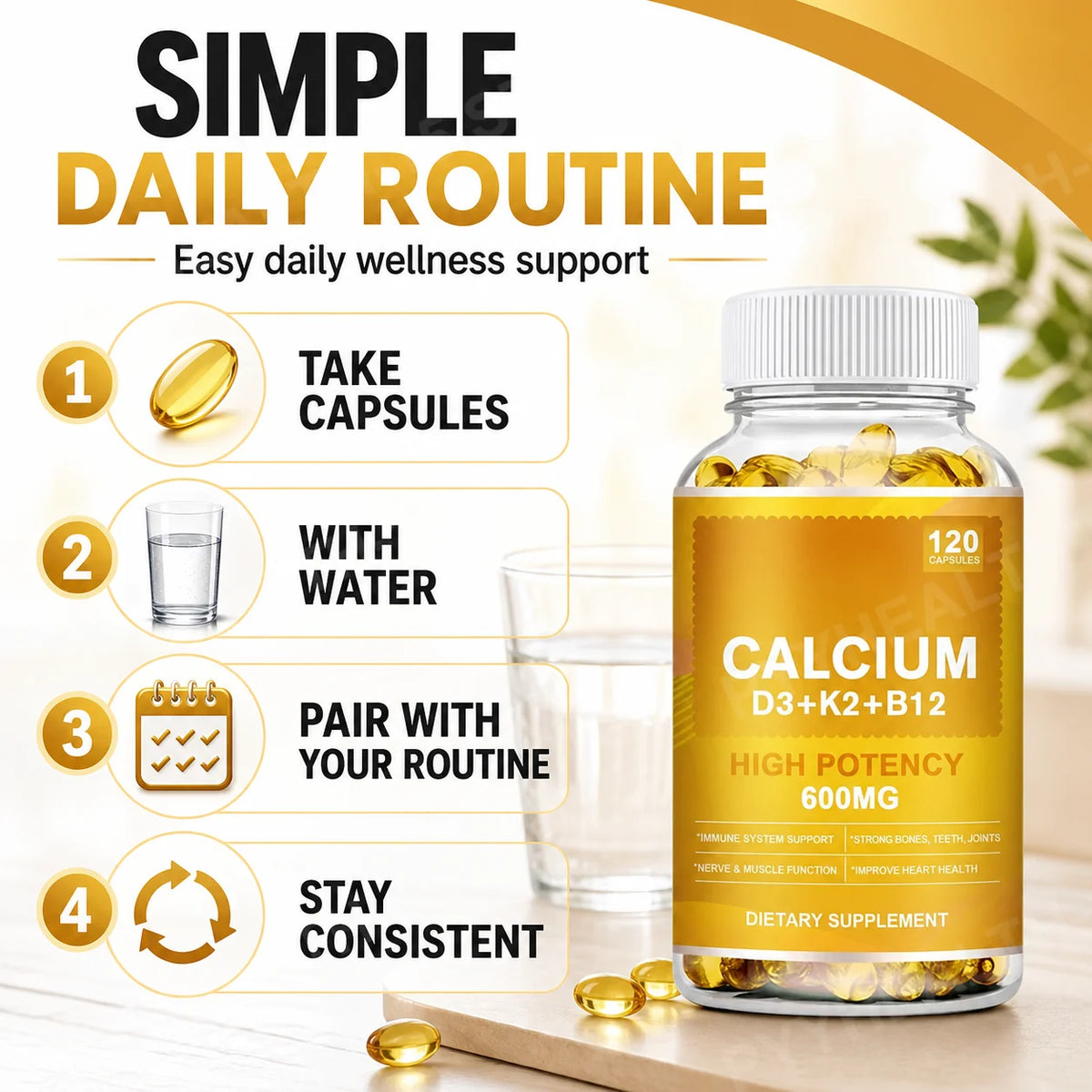 Calcium 600mg + D3 5000 IU + K2 + B12 Complex, 120 Softgels Vitamin Supplement Qst