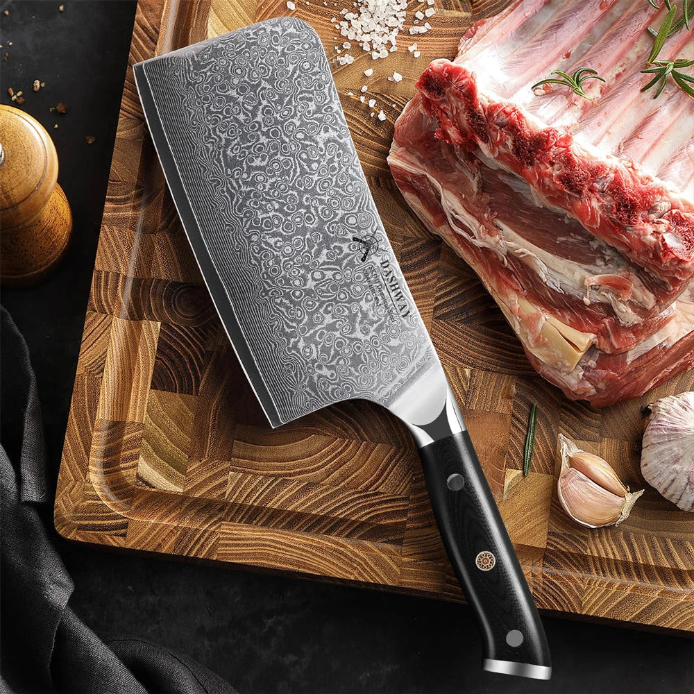 DASHWAY 6.5" Damascus Steel Bone Chopper Knife – G10 Handle Damascus Kitchen Knife Qst