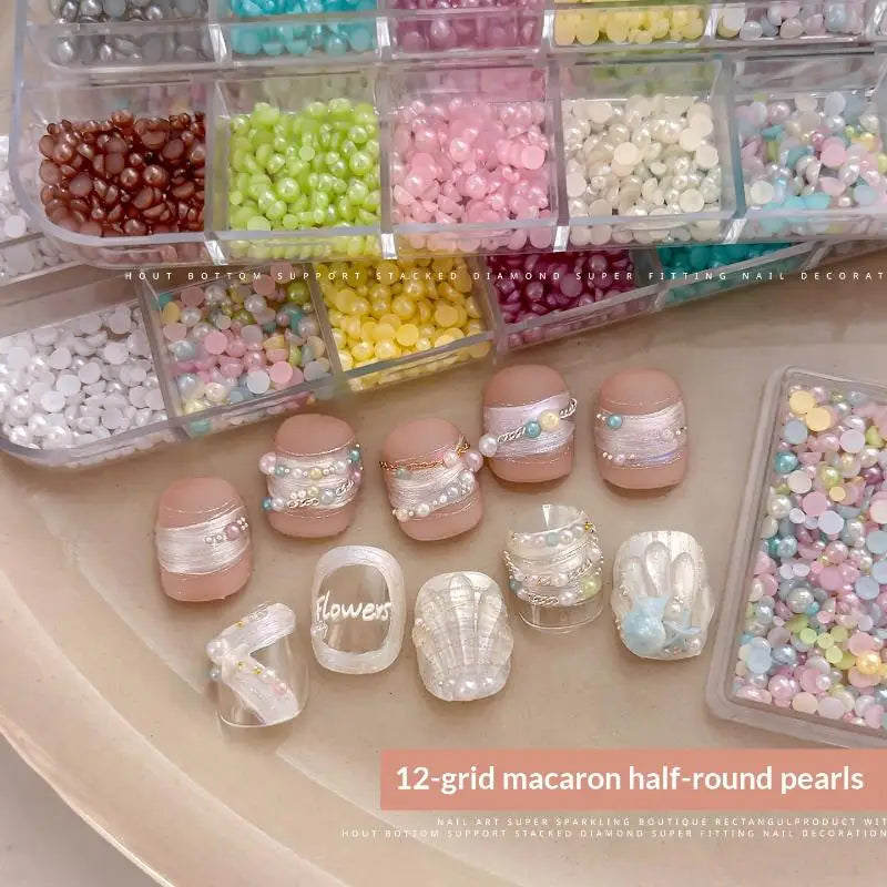 12-Grid Colorful Pearl Half-Round Beads for Nail Art & DIY Nail Art Beads Qme