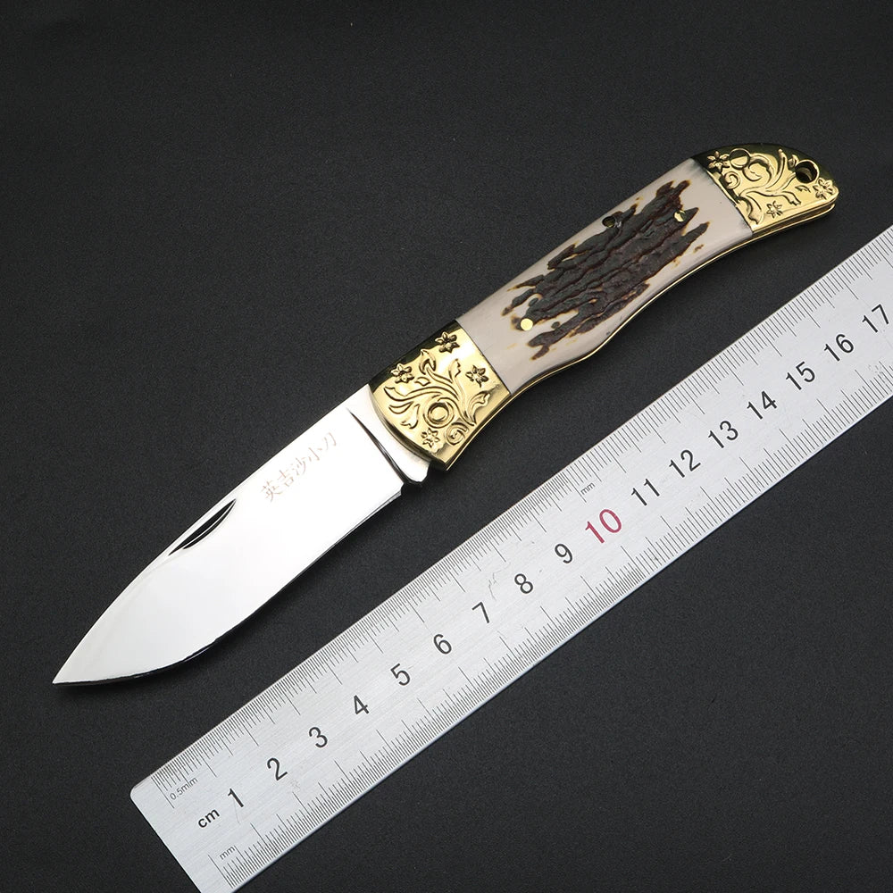 XUAN FENG Brass Deer Antler Folding Knife – Mirror Polished Folding Pocket Knife Qst