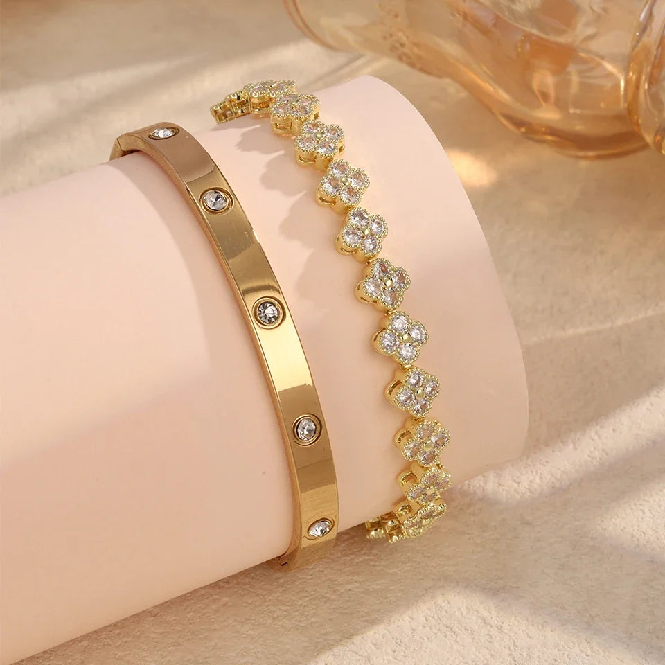 Colorful Zircon Five-Leaf Flower Stacked Bangle 18K Gold Stackable Bangle Bracelet Qme