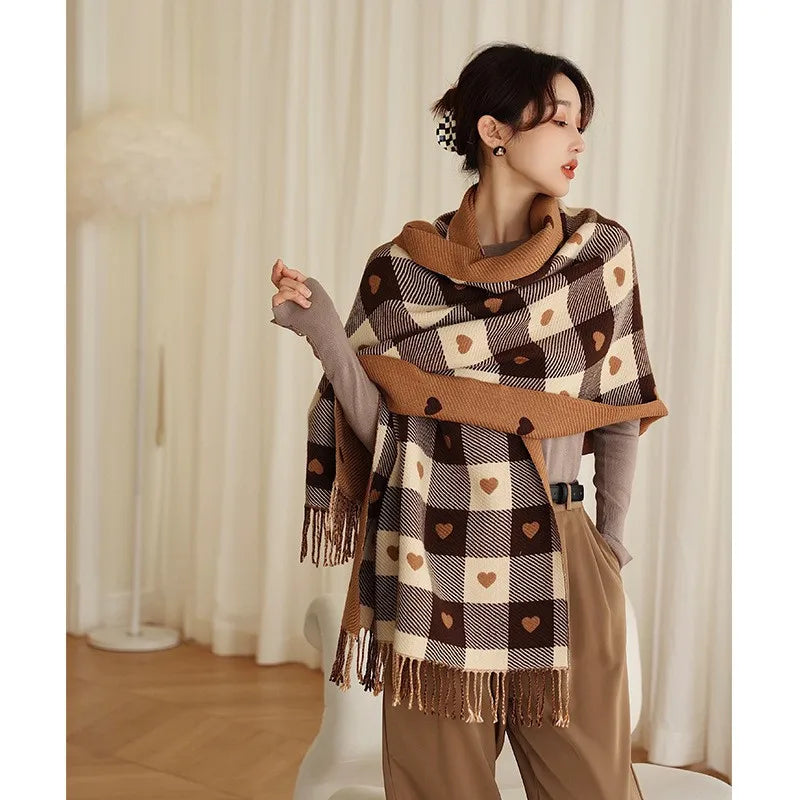 Women's Plaid Blanket Shawl Scarf – Thick Knit Winter Wrap Blanket Shawl Scarf Qst