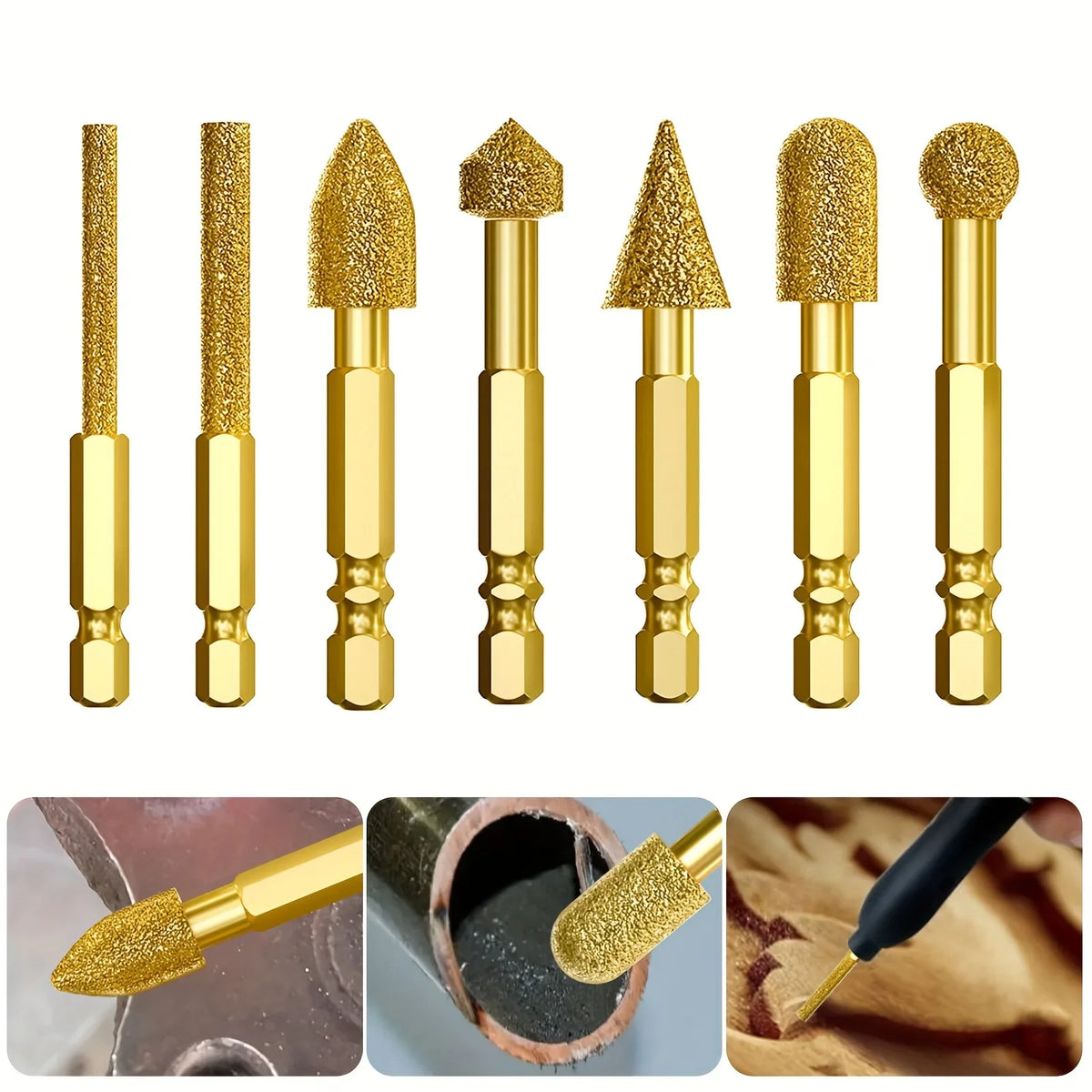 7pc Hex Shank Diamond Grinding Burr Set – Rotary File Bits Rotary Grinding Burr Set Qme