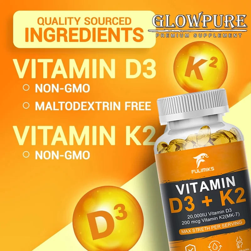 Vitamin D3 K2 Capsules 20,000 IU – Bone & Heart Support Vitamin Supplement Qst