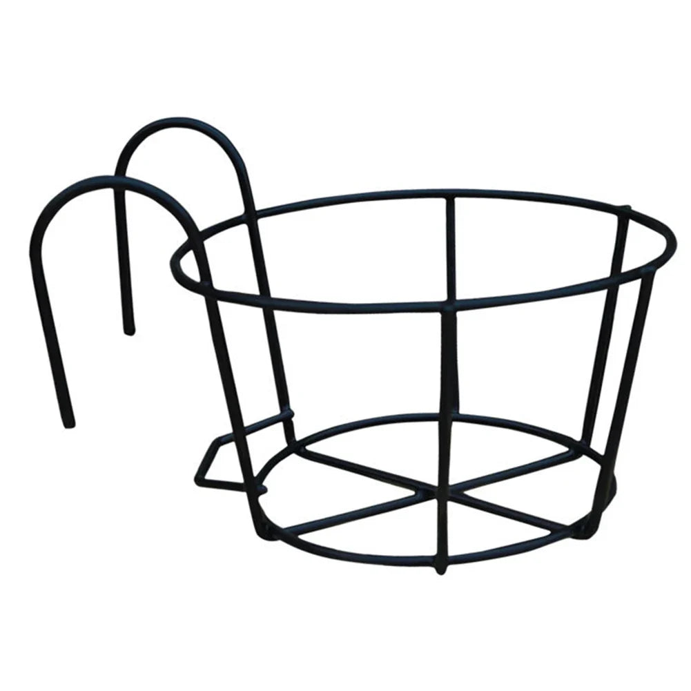 Round Metal Hanging Flower Pot Holder – Balcony Railing Planter Railing Planter Holder Qme black