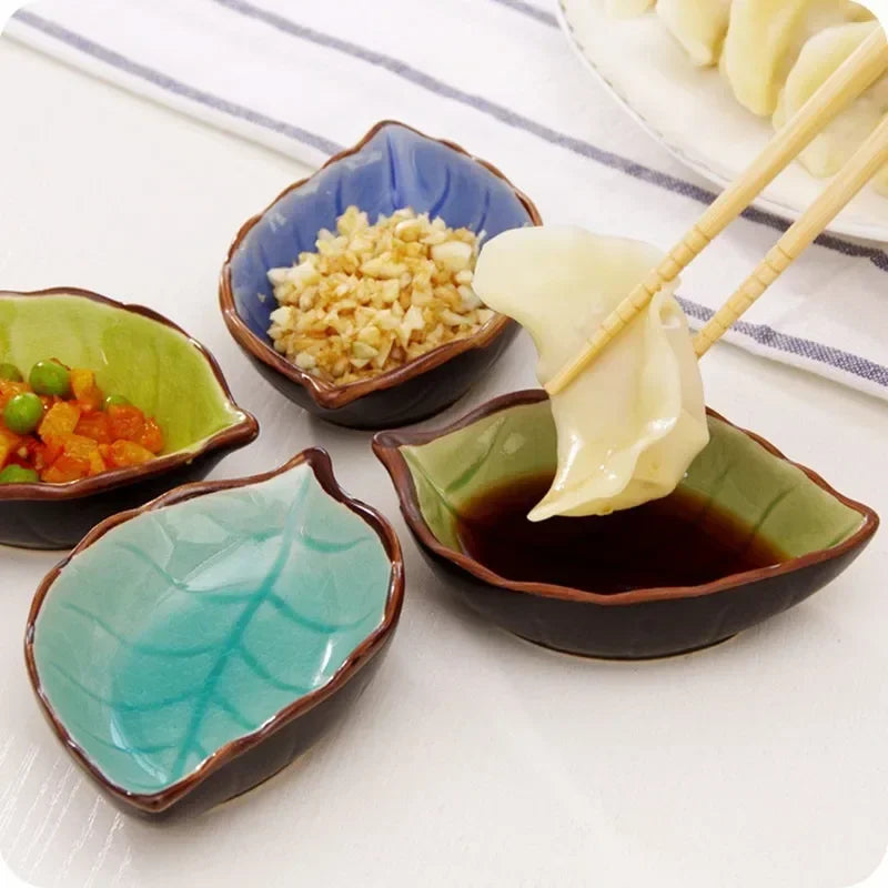 Ceramic Leaf Saucer Ice Crack Glaze | Soy Sauce Dish Ceramic Condiment Dish Qme
