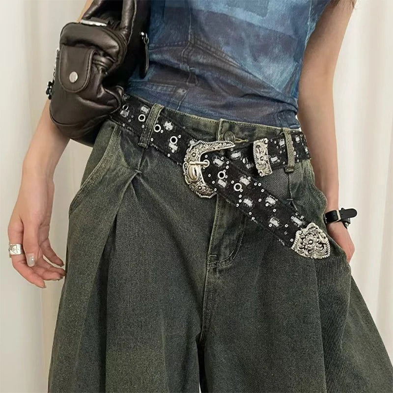 Retro Y2K Women's Denim Belt – Vintage Punk Style, 105cm Women's Fashion Belt Qst A2