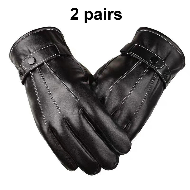 Men's PU Leather Winter Gloves – Touchscreen Waterproof Driving Winter Driving Gloves Qme 2 pairs