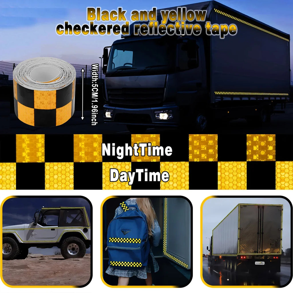Reflective Safety Warning Tape Sticker – Car Bike Scooter Truck Reflective Safety Sticker Qme Black and yellow 5m 5cm