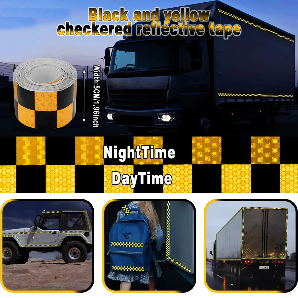 Reflective Safety Warning Tape Sticker – Car Bike Scooter Truck Reflective Safety Sticker Qme Black and yellow 5m 5cm