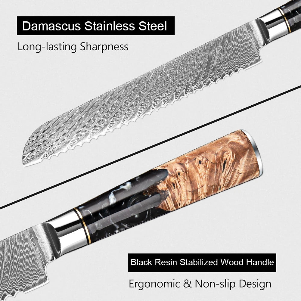 XITUO 8-Inch Damascus Serrated Bread Knife – 67-Layer Steel Serrated Bread Knife Qst