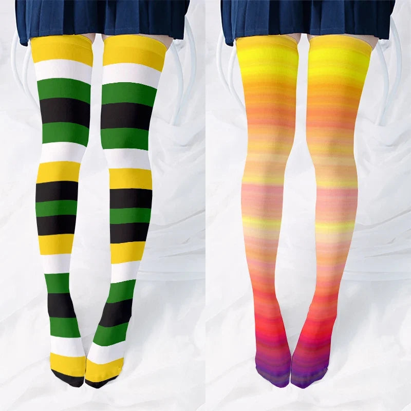 Rainbow Striped Thigh High Stockings | Kawaii Multicolor Hosiery Thigh High Stockings Qme