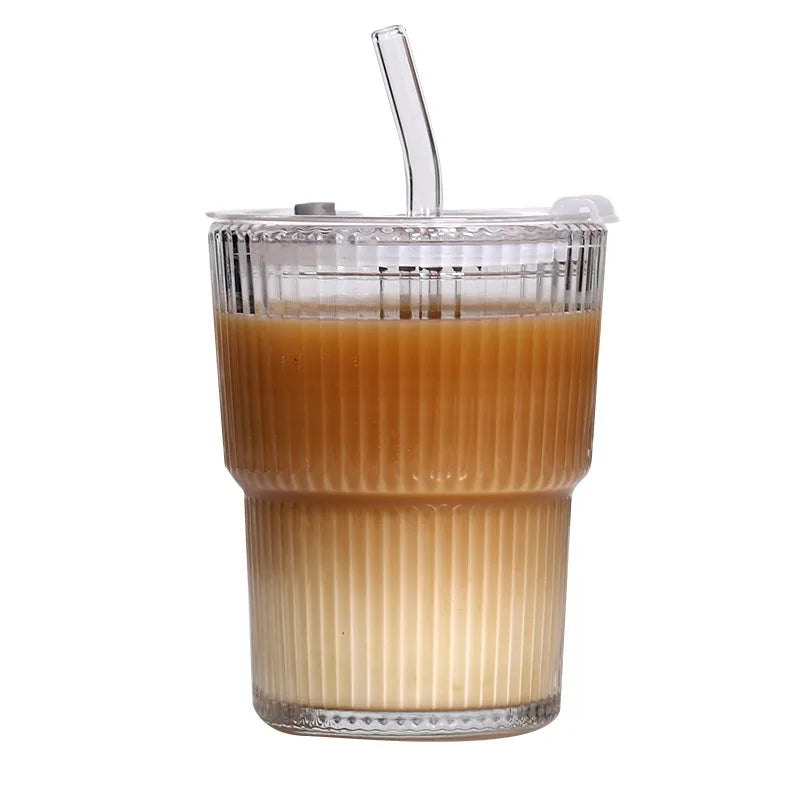 Striped Glass Coffee Cup with Lid & Straw – Large Capacity Glass Coffee Cup Qme 400ml 400-600ml