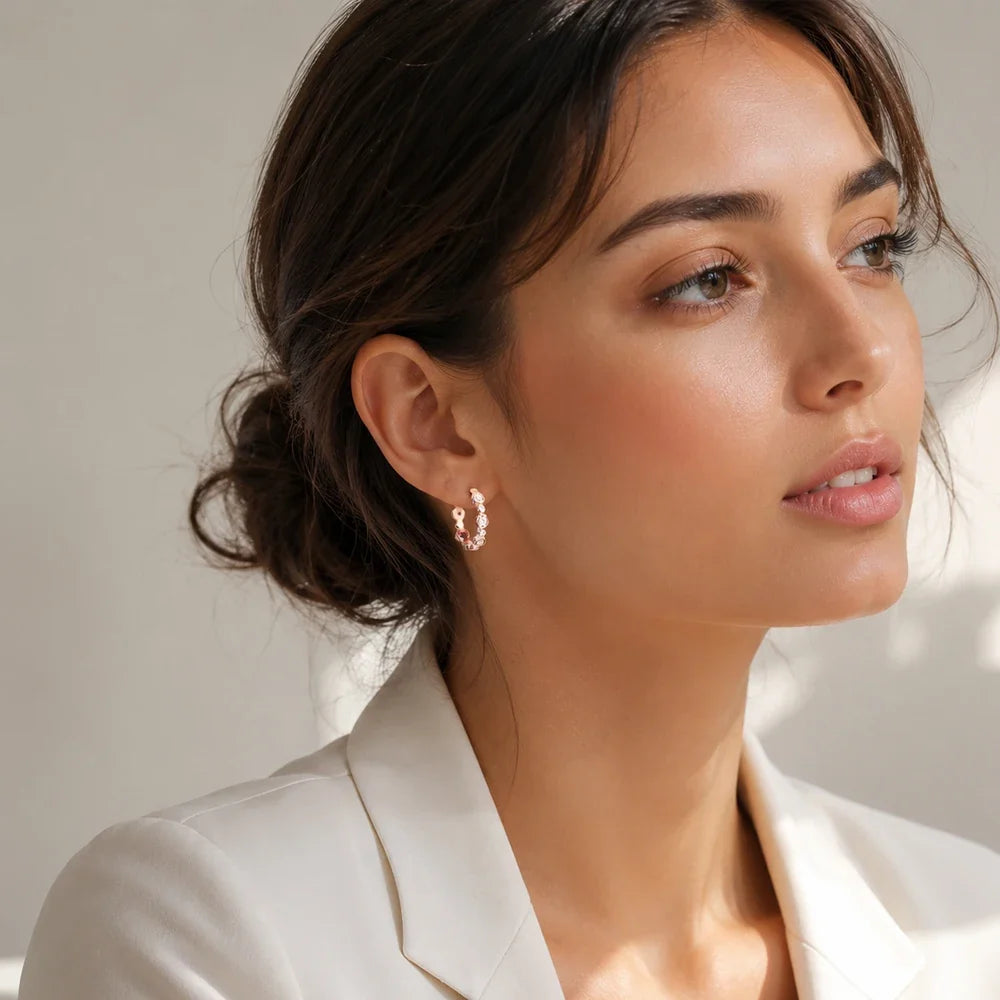 Rose Gold Creole Hoop Earrings | CZ Stones Hinged Hoops Hoop Earrings Qme