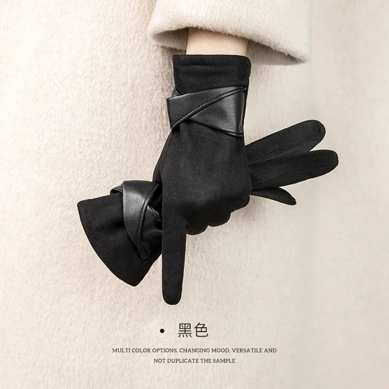 Women's Suede Velvet-Lined Windproof Winter Gloves with Bow Women's Winter Gloves Qme black