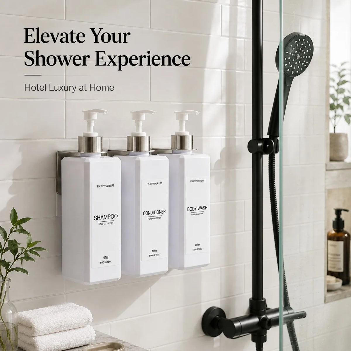Wall-Mounted Shower Dispenser Set – 3 Pump Bottles & Brackets Shower Dispenser Set Qme