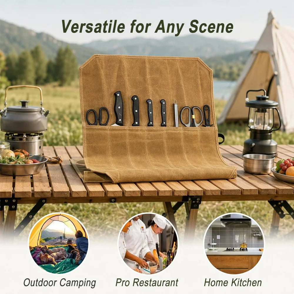 Portable Knife Roll Bag – 7-Slot Canvas Knife Storage for Camping Knife Roll Bag Qst