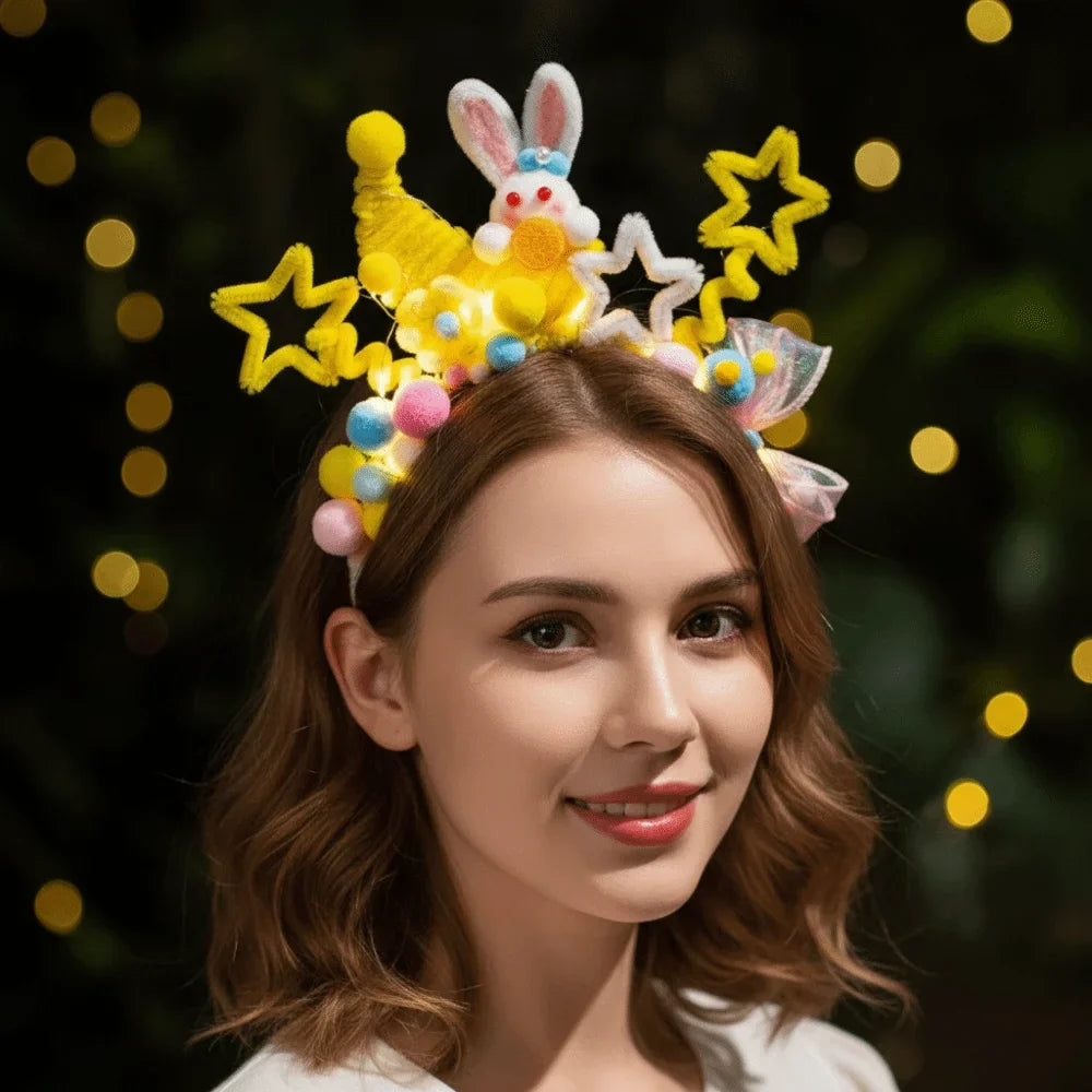 Handmade Glowing Bunny Rabbit Headband – Twisted Hair Hoop Novelty Hair Headband Qme