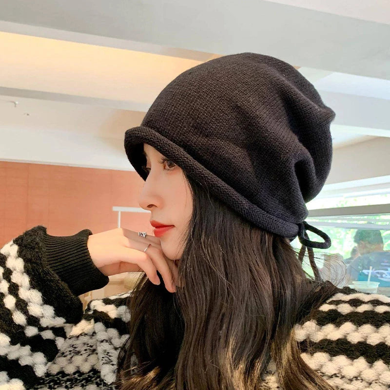 Women's Knitted Drawstring Beanie – Warm Pile Hat Curled Brim Knitted Winter Beanie Qst