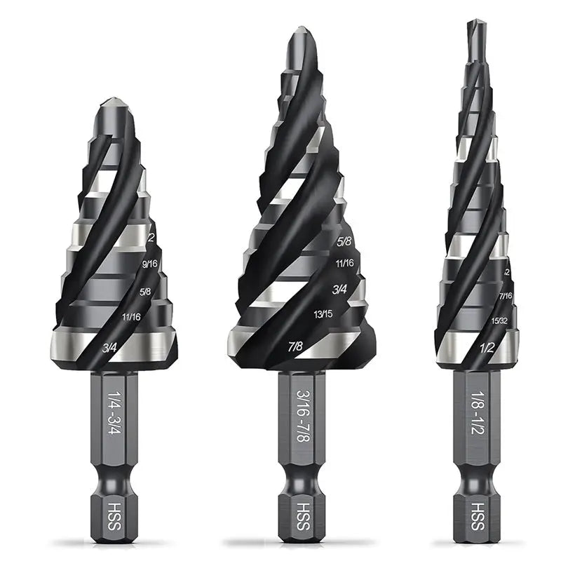 4-Piece HSS Step Drill Bit Set – Spiral Flute Unibit 1/4" Shank Step Drill Bit Set Qme As Shown