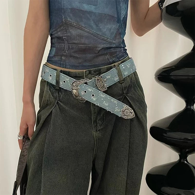 Retro Y2K Women's Denim Belt – Vintage Punk Style, 105cm Women's Fashion Belt Qst A1