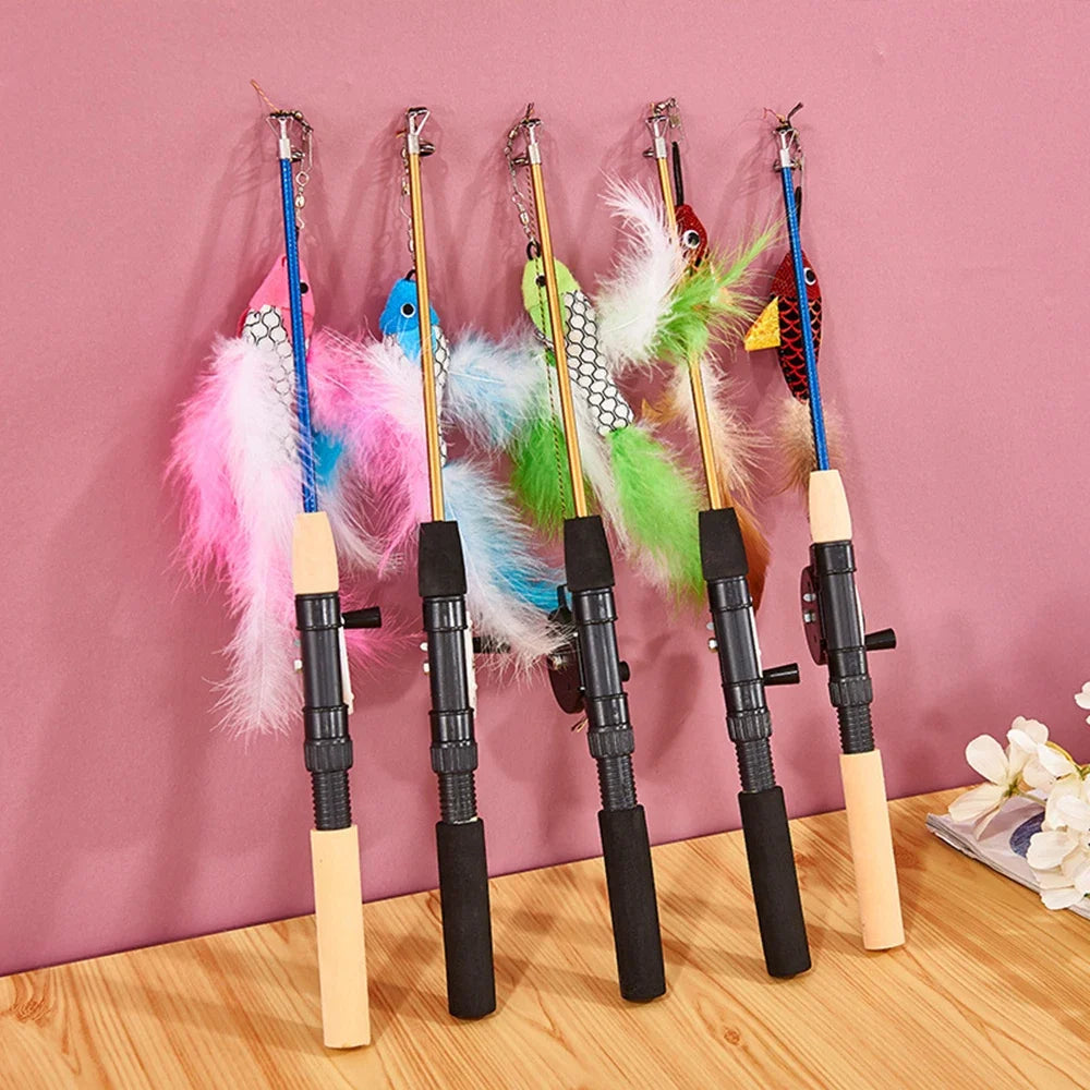 Retractable Feather Cat Toy Wand – Fish Telescopic Stick Cat Wand Toy Qme