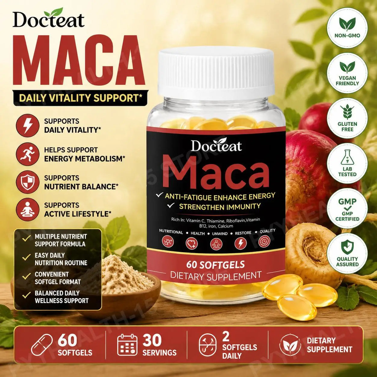 Docteat Maca Root Extract Softgels – Vitamins C B1 B2 B12, 60ct Wellness Supplement Qst