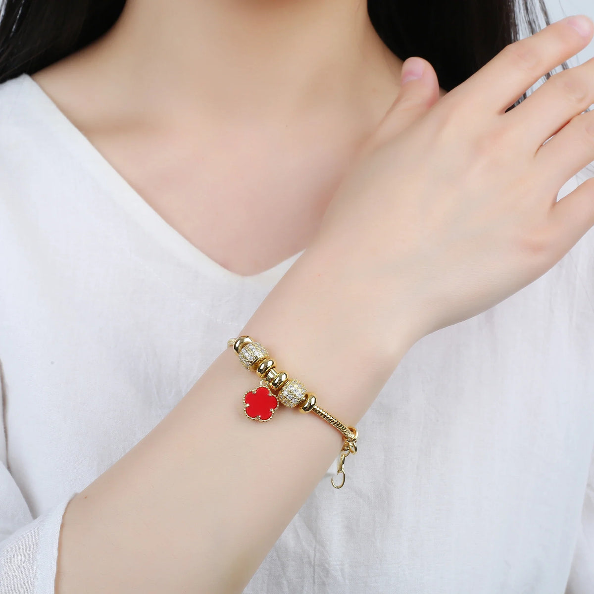 Natural Stone Five Leaf Flower Snake Chain Bracelet – 10 Colors Fashion Bracelet Qme