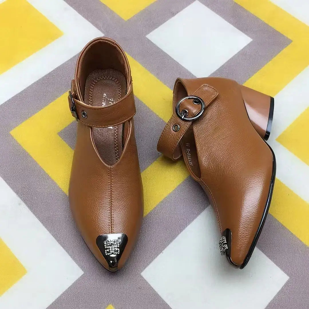 Women's V-Shape Pointed Toe Slip-On Spike Heel Mule Boots Heeled Mule Boots Qst WC169 Brown A 37