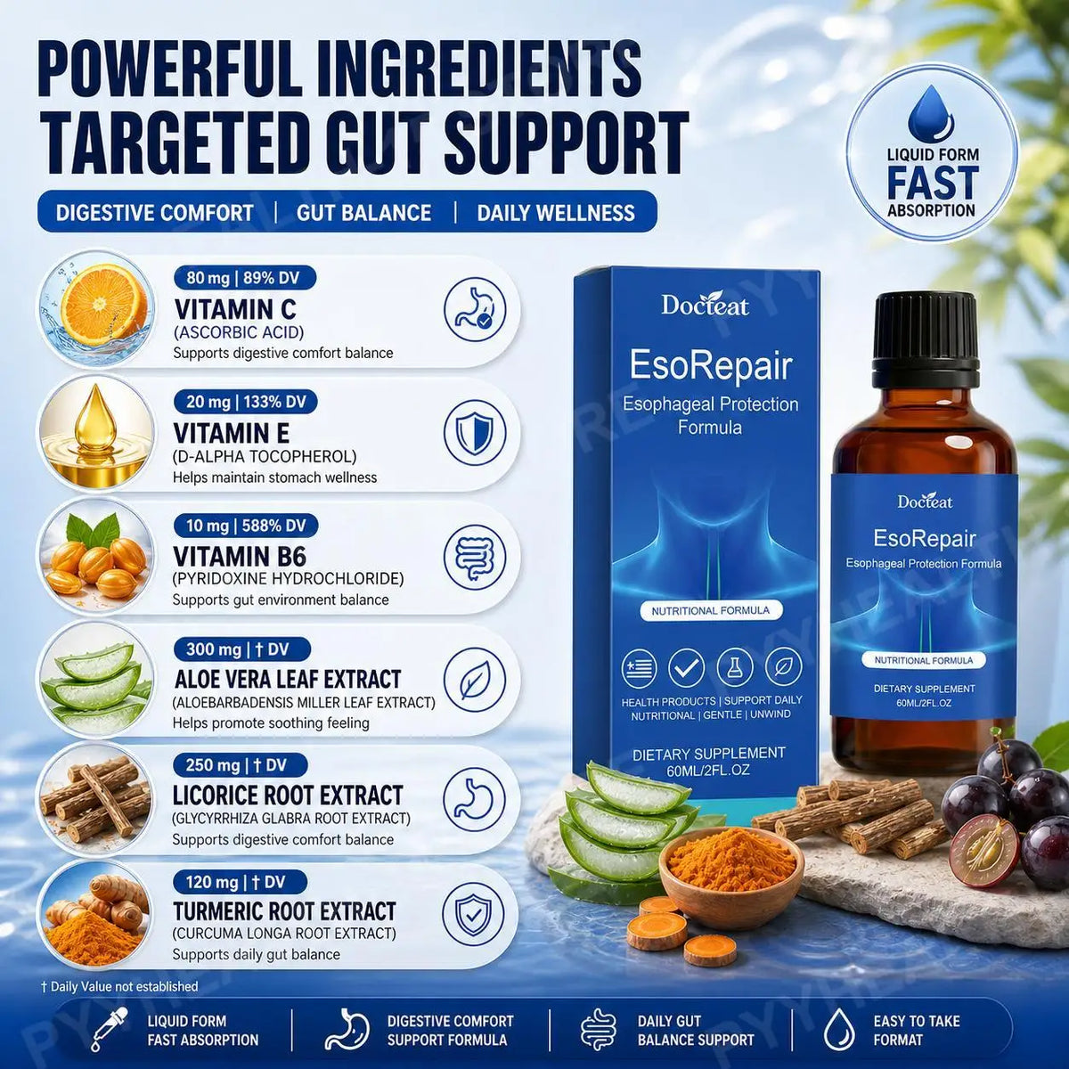 Docteat Gut Support Liquid | Vitamin C, Aloe Vera, Licorice 60ml Digestive Supplement Qst