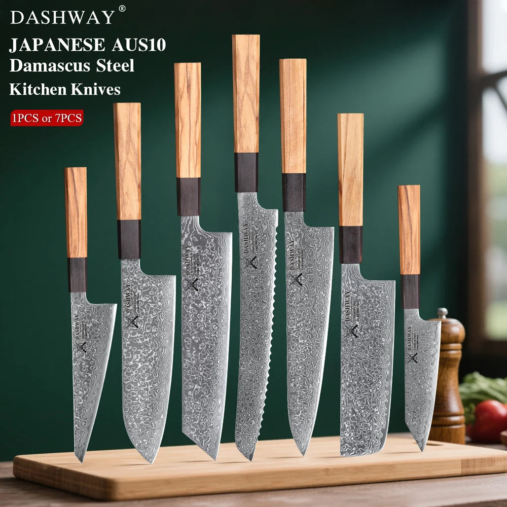 DASHWAY 67-Layer Damascus Steel Kitchen Knife Set 1–7 Pc Damascus Kitchen Knife Set Qst