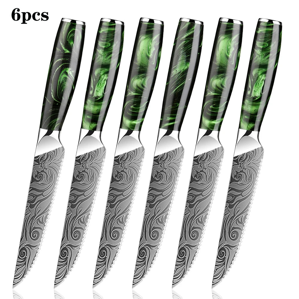 XITUO Serrated Steak Knife Set – Stainless Steel & Green Resin Steak Knife Set Qst LSZL211025R13-6PC
