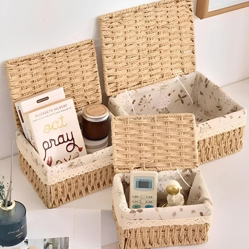 Desktop Cosmetic & Snack Storage Box | Rattan Woven Organizer Desktop Storage Organizer Qme