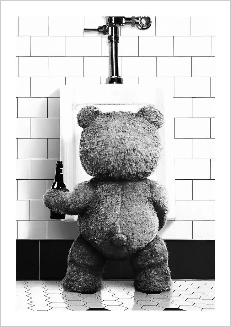 Cute Bear Canvas Wall Art – Black & White Bathroom Poster Canvas Wall Art Qst WHITE 50x70cm Unframed