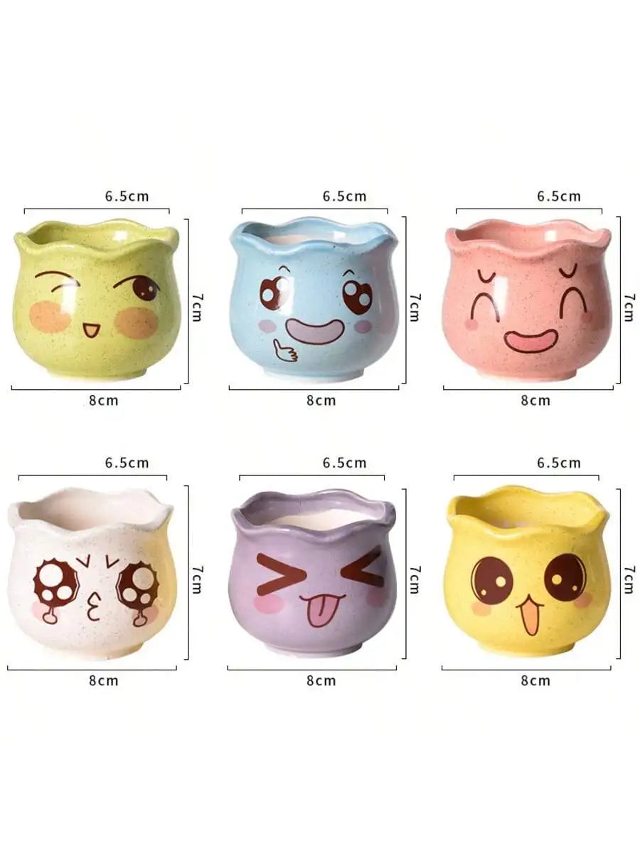 Cartoon Cute Ceramic Succulent Pots with Drainage – Set of 6 Ceramic Succulent Pots Qme 6pcs