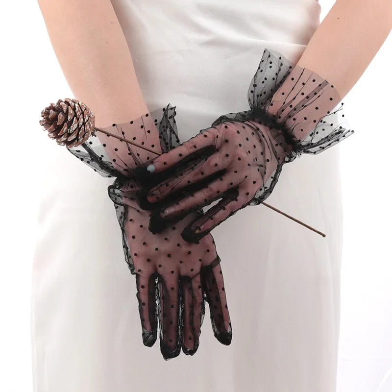 Women's Sheer Lace Dot Mesh Short Gloves – 6 Colors Lace Mesh Gloves Qme