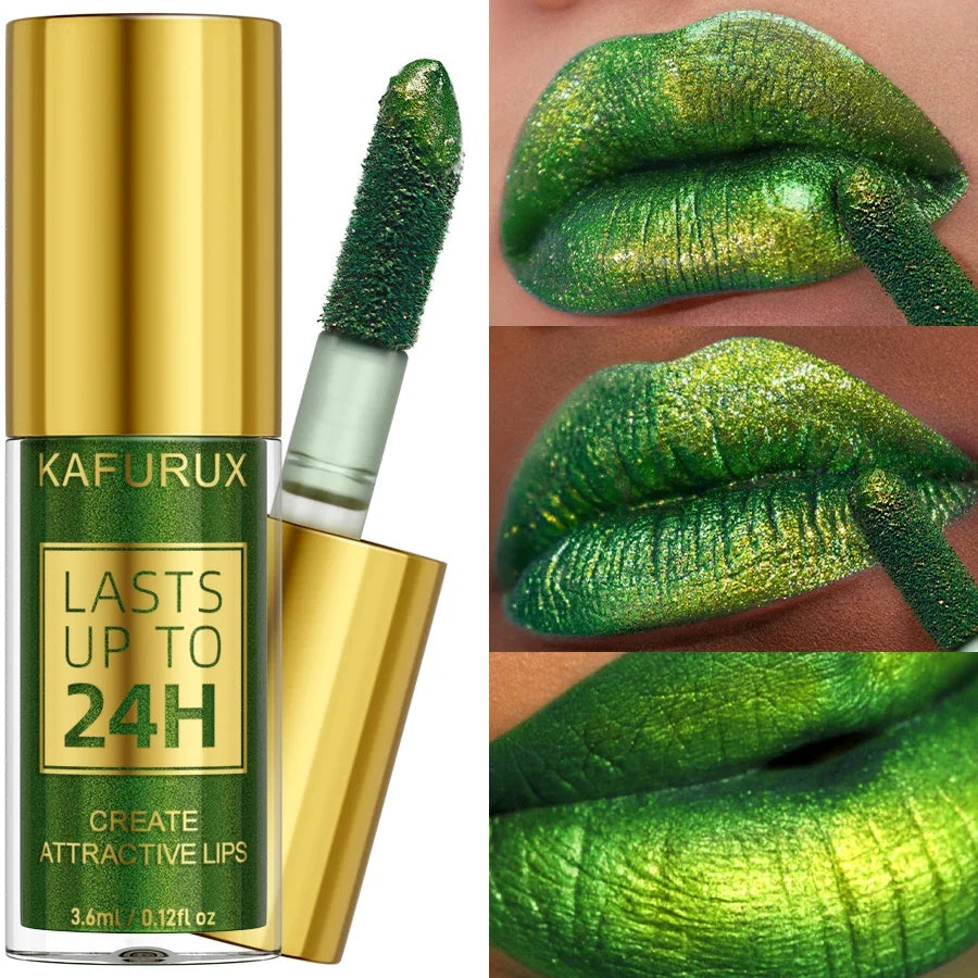 Green Glitter Lip Glaze – Waterproof Metallic Long-Lasting Gloss Glitter Lip Glaze Qme