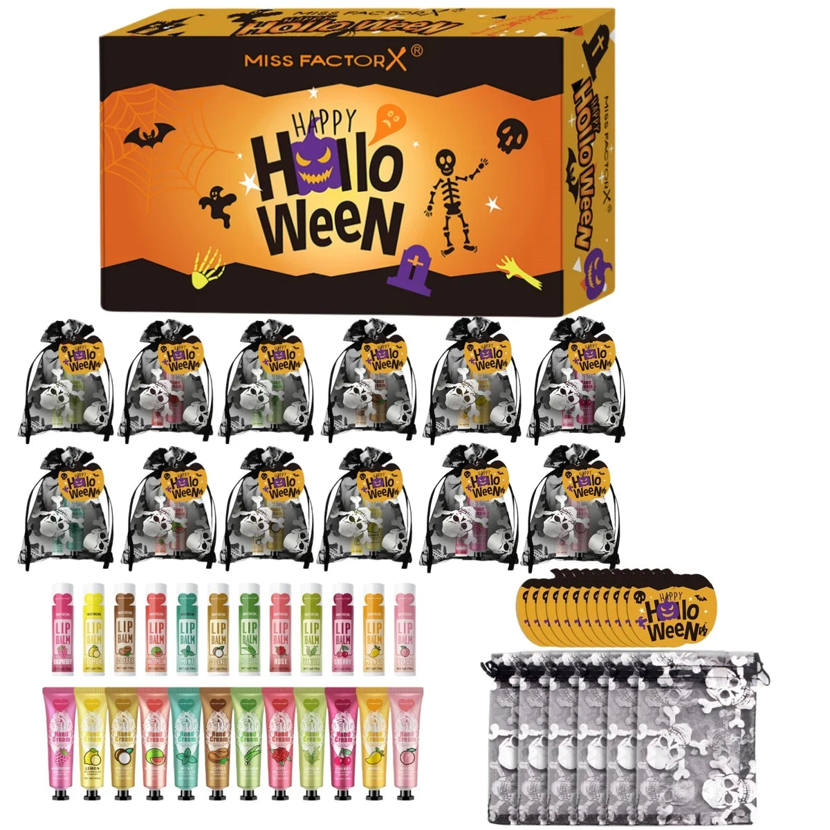 12-Pack Halloween Gift Sets – Lip Balm & Hand Cream Skull Bag Holiday Gift Set Qme